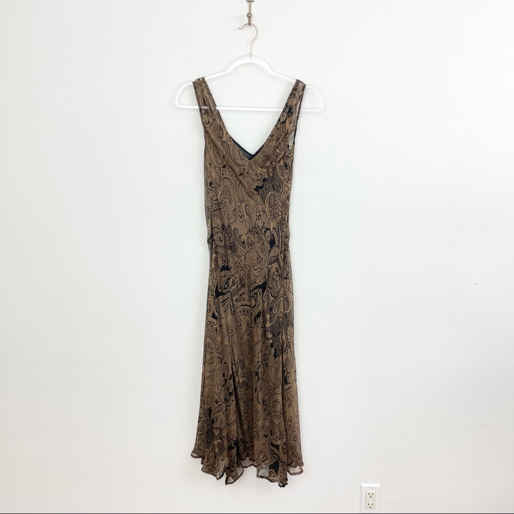 Vintage 90s Brown and Black Paisley Silk Handkerchief Midi Dress - Picture 2 of 5